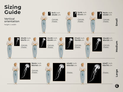 A sizing guide shows vertical orientations of the minimalist jellyfish artwork. This black and white line art is available in various sizes for canvas and poster prints perfect for any space.