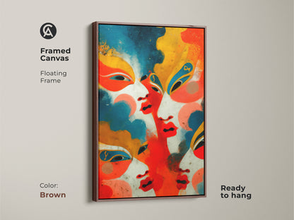 Brown framed canvas showcasing a geometric abstract faces artwork. The floating frame complements this contemporary figurative canvas. Its vibrant red orange and blue palette provides an eclectic home styling accent. Ready to hang.