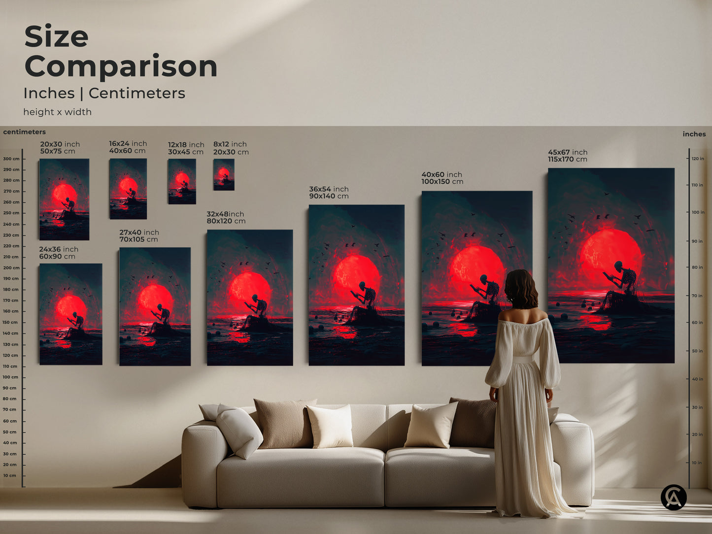 Size comparison of the skeleton reading art print in various sizes. Sizes range from 8x12 inches to 45x67 inches. See how the artwork looks above a sofa. This allows you to visualize the perfect size for your room.
