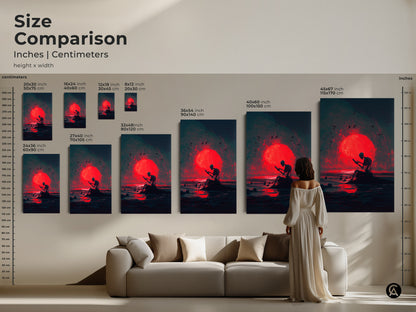 Size comparison of the skeleton reading art print in various sizes. Sizes range from 8x12 inches to 45x67 inches. See how the artwork looks above a sofa. This allows you to visualize the perfect size for your room.