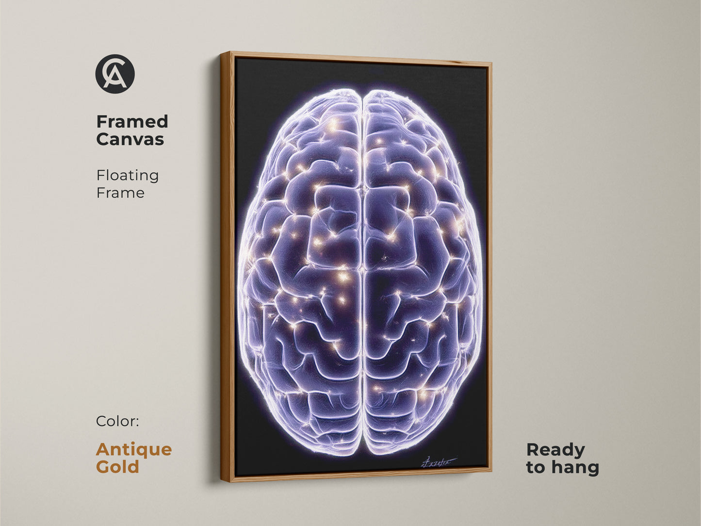 Antique gold framed canvas showcasing Science Brain art. This abstract neuron canvas wall art features purple blue digital artwork. Perfect for modern neuroscience art and as an office decor gift.