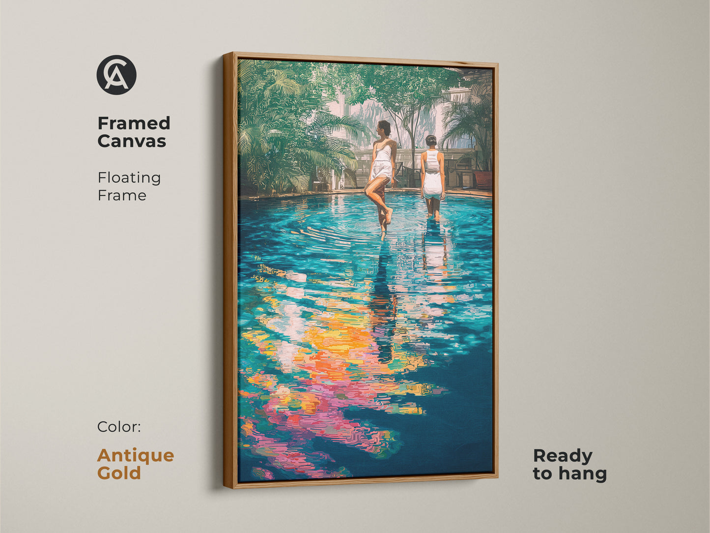 This framed canvas features poolside women in teal yellow and blue. Antique gold frame with leisure vibe water reflection. A modern piece of art that is ready to hang for summer vacation vibes.