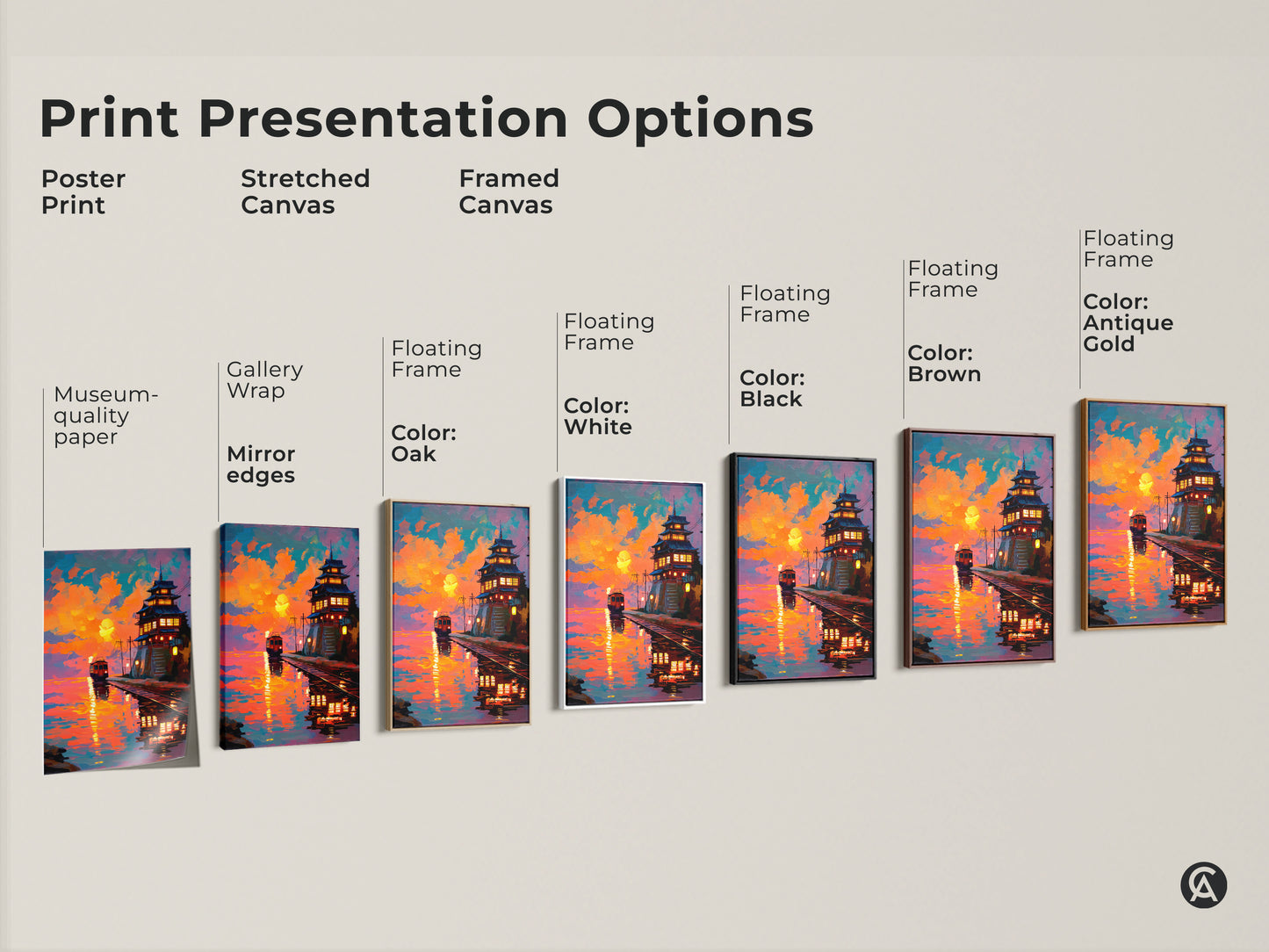 Explore print presentation options for the sunset Japanese pagoda and train artwork. Choose from poster print stretched canvas or framed canvas. Options include museum-quality paper gallery wrap and floating frames. Find the perfect eclectic wall art.