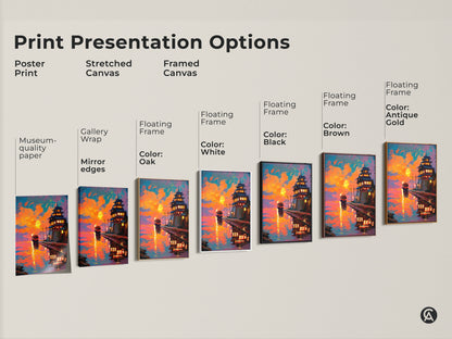 Explore print presentation options for the sunset Japanese pagoda and train artwork. Choose from poster print stretched canvas or framed canvas. Options include museum-quality paper gallery wrap and floating frames. Find the perfect eclectic wall art.