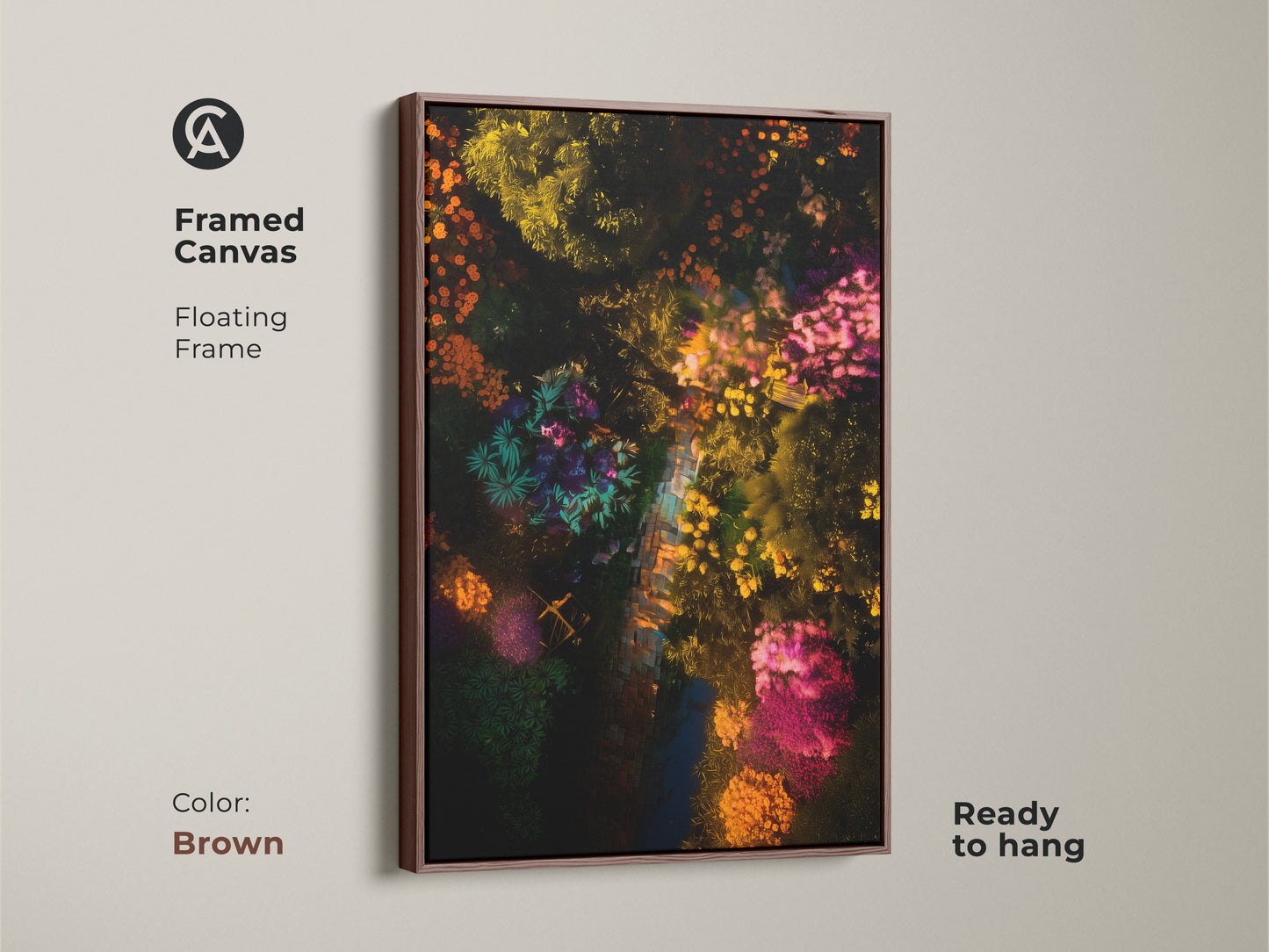 Framed canvas featuring an aerial garden artwork. The brown floating frame complements this colorful botanical print. This ready-to-hang art piece adds a natural touch to any room. Shop now for framed garden art to enhance your space.
