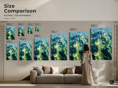 Compare sizes of our mountain art prints. See how different dimensions fit above a sofa. Choose from canvas and poster options in various sizes. Find the ideal artwork to complement your living room decor today.