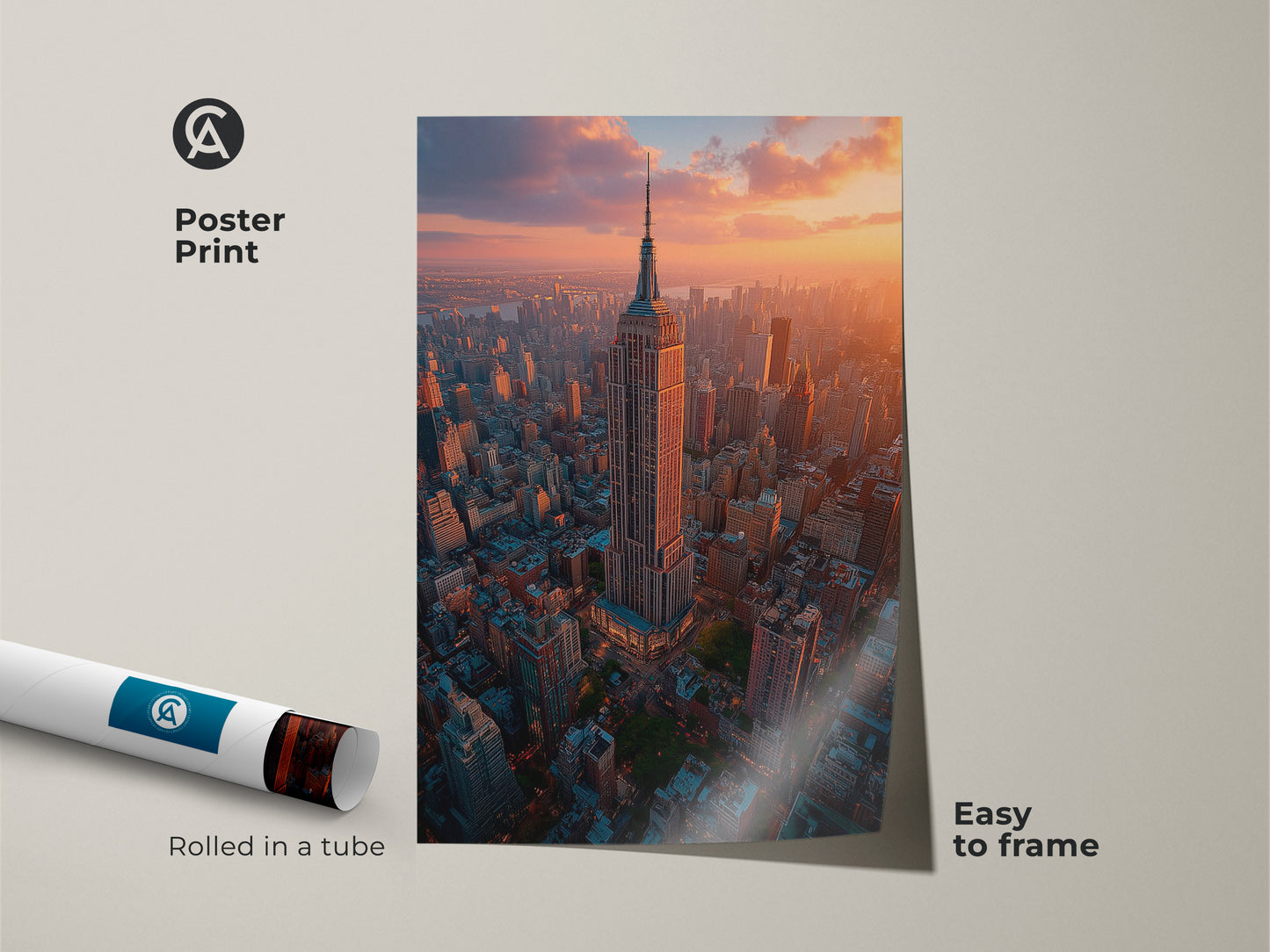 A poster print features a stunning golden hour view of the Empire State Building and NYC. Rolled in a tube this cityscape art is easy to frame. The sunset urban photography captures the beauty of New York City making it an excellent home decor gift