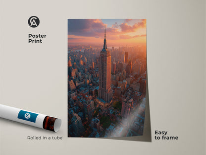 A poster print features a stunning golden hour view of the Empire State Building and NYC. Rolled in a tube this cityscape art is easy to frame. The sunset urban photography captures the beauty of New York City making it an excellent home decor gift