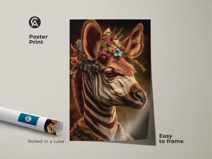Poster print of a zebra wearing a botanical crown. The dark academia wall art is rolled in a tube and easy to frame. This gothic zebra portrait has earthy tones. A unique animal art print for any home. Perfect nature lover gift idea. Add an eclectic touch to your walls.