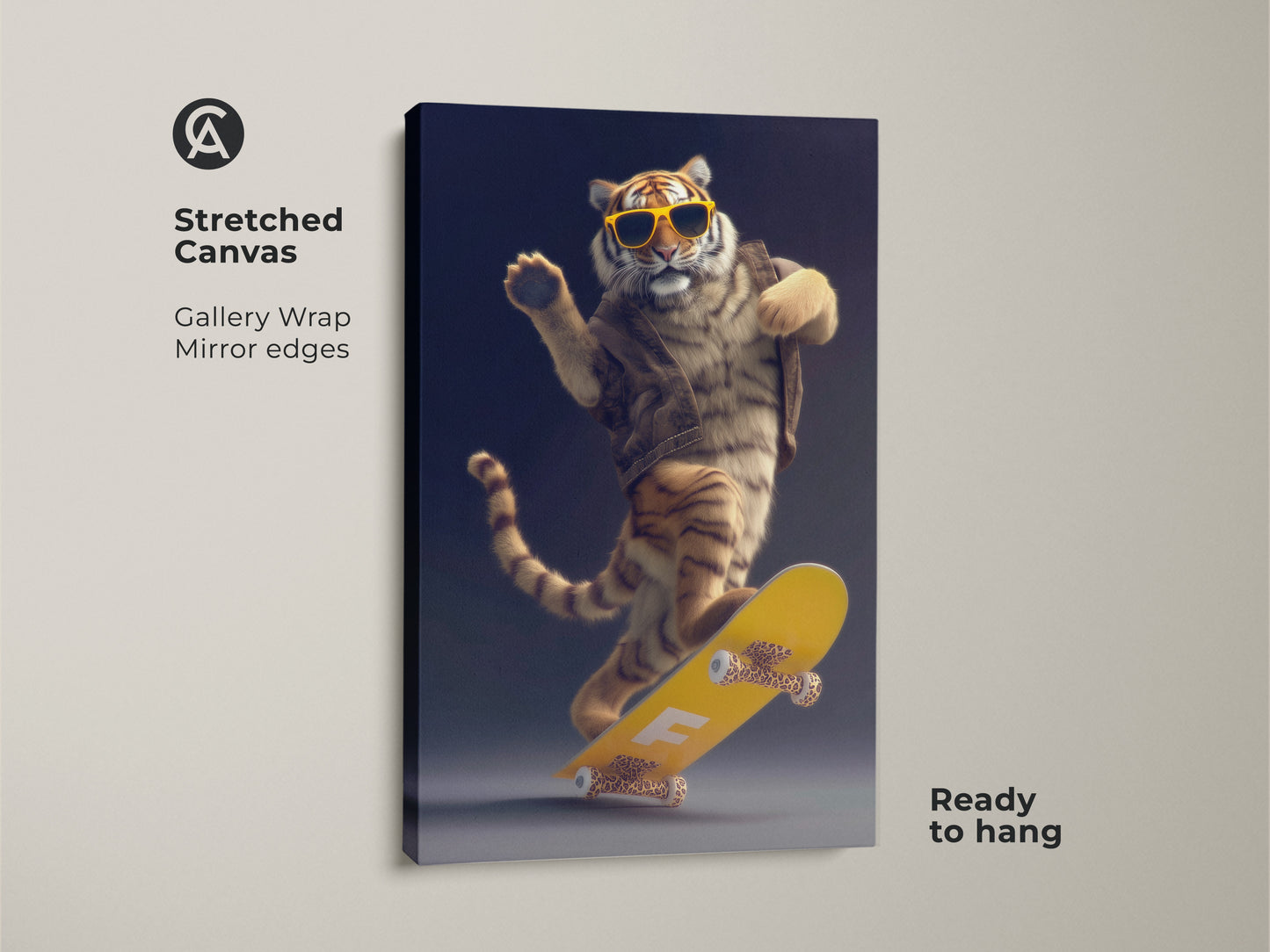 This stretched canvas features a tiger on a skateboard. The yellow skateboard print is ready to hang. This cool animal canvas art makes great gamer man cave art. It is modern eclectic decor.