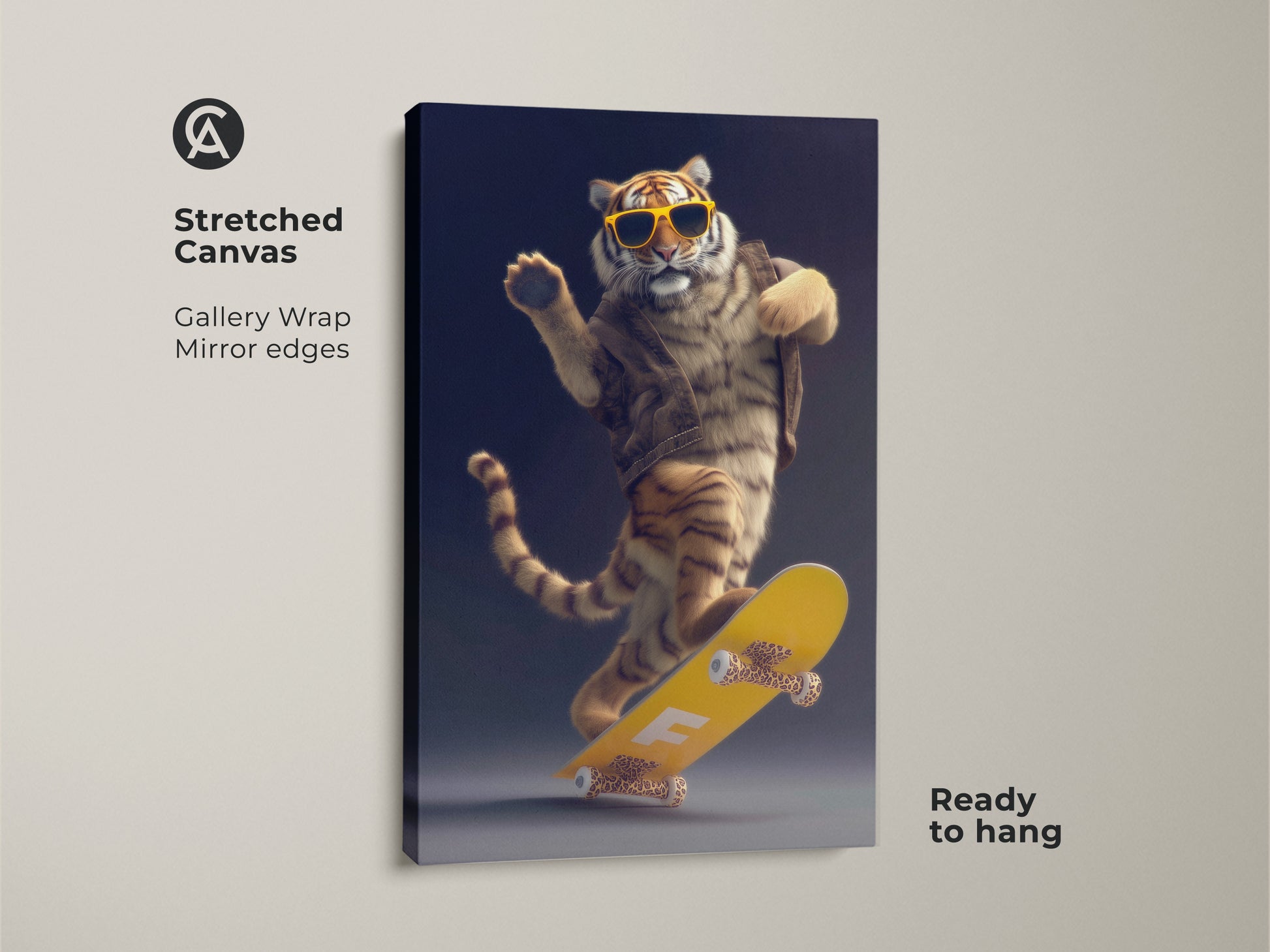 This stretched canvas features a tiger on a skateboard. The yellow skateboard print is ready to hang. This cool animal canvas art makes great gamer man cave art. It is modern eclectic decor.