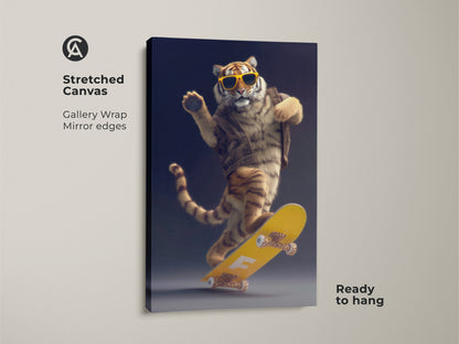 This stretched canvas features a tiger on a skateboard. The yellow skateboard print is ready to hang. This cool animal canvas art makes great gamer man cave art. It is modern eclectic decor.
