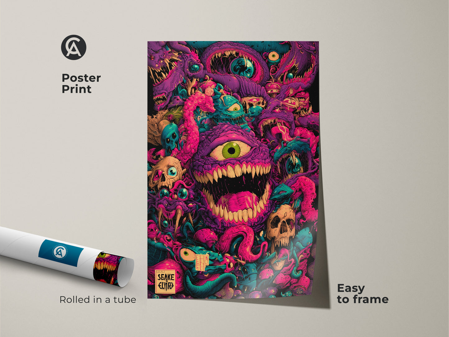 Poster Print Easy to Frame. Rolled in a tube for protection. This poster features monster artwork. Skulls tentacles & eyeballs come alive in vibrant purple pink & teal. An easy way to add unique artwork to your walls.