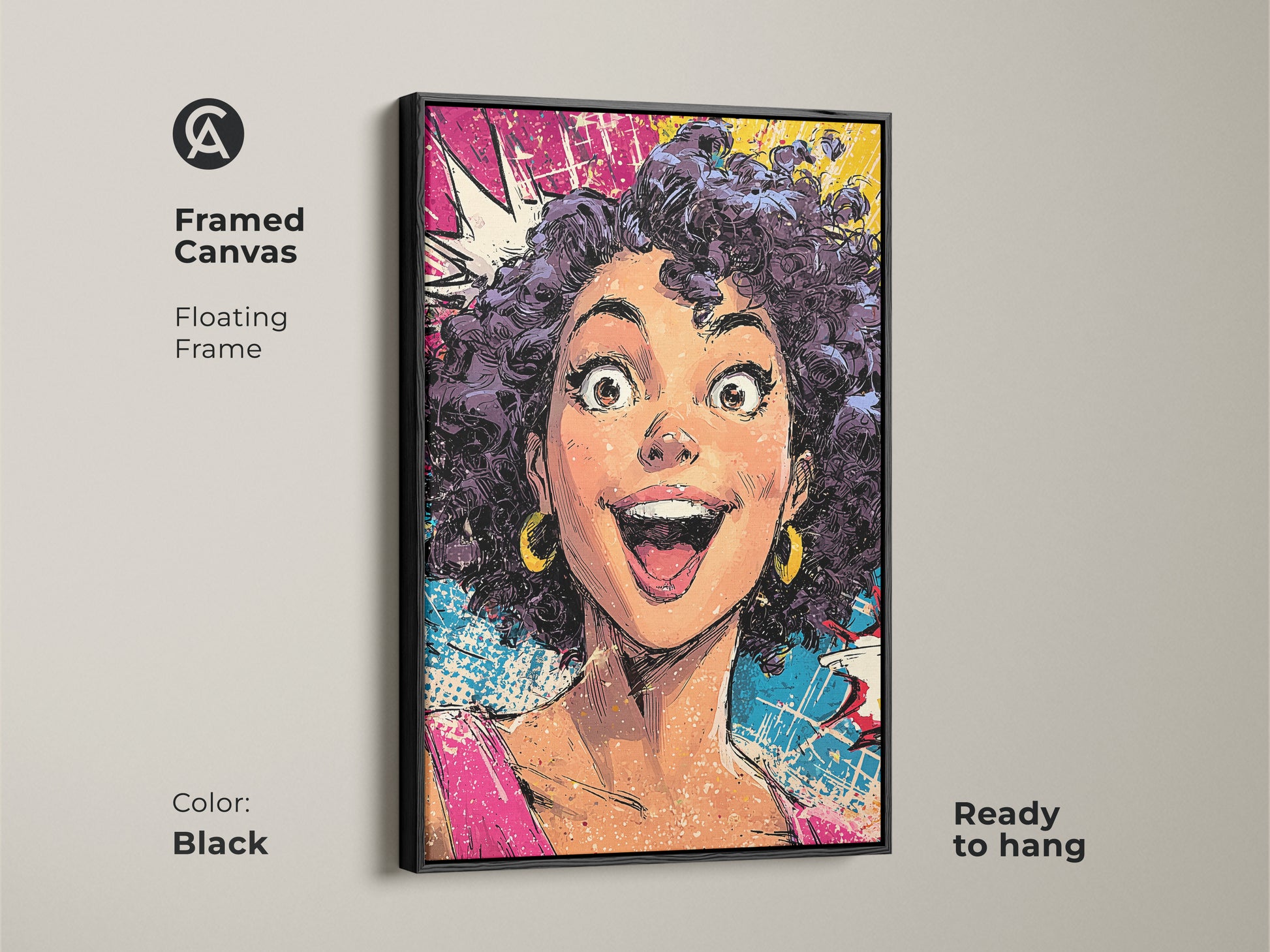 Framed canvas of a pop art woman with a black floating frame. The artwork is ready to hang. The black frame enhances the bold comic book style. This pink yellow and blue canvas print is perfect for eclectic home decor. The expressive portrait adds a touch of modern comic art