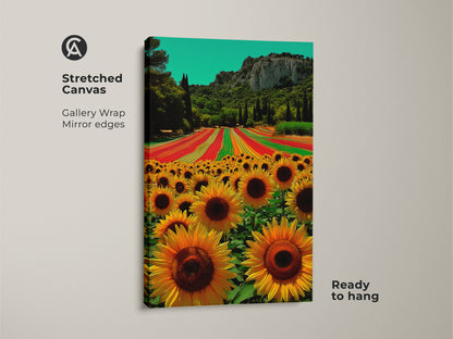Stretched canvas print of a sunflower field. The vibrant landscape wall art has mirror edges. The boho home decor has yellow and orange floral elements. It is ready to hang and enjoy.