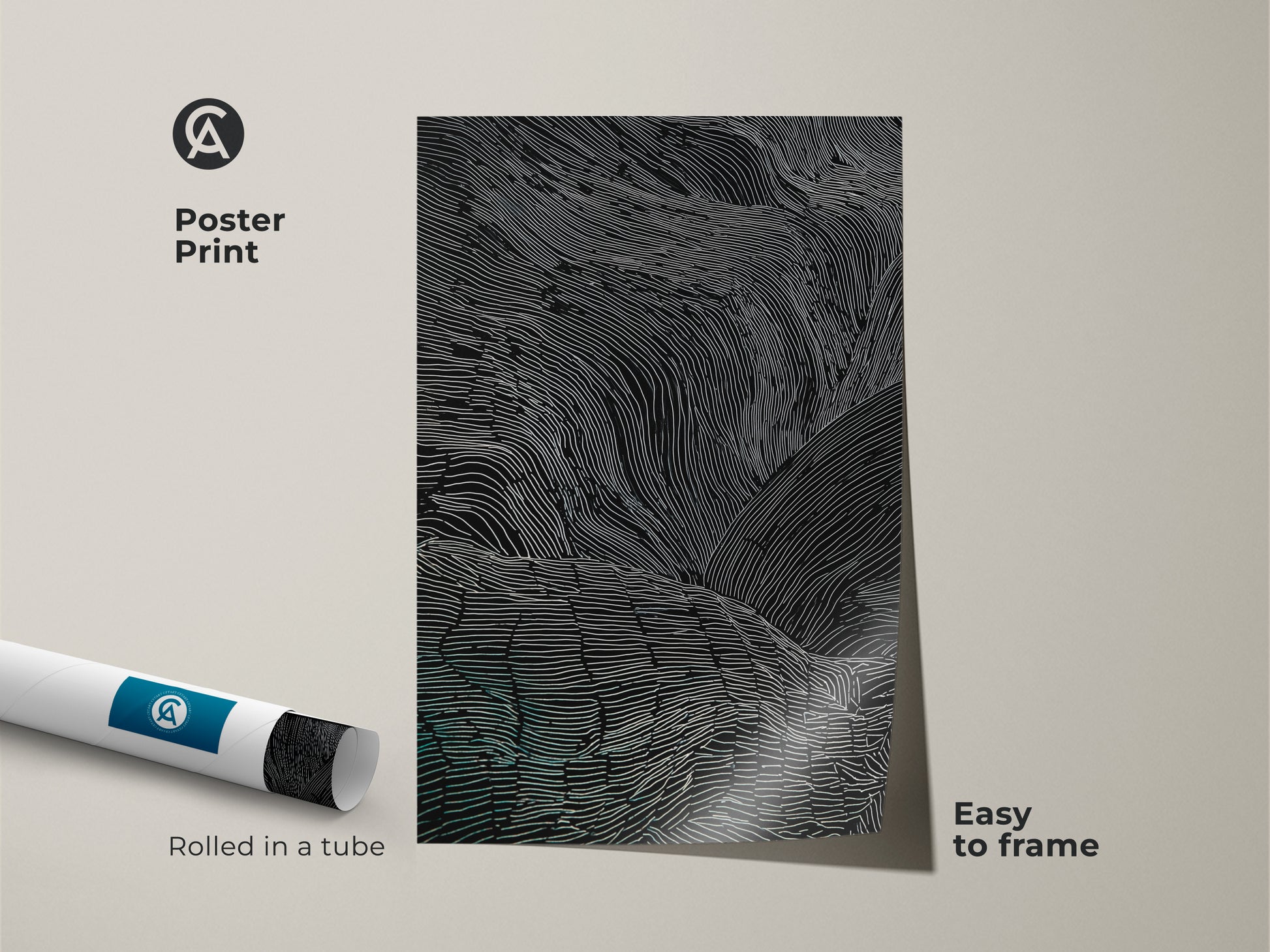 The poster print showcases a minimalist line art topography. The black white and teal art is rolled in a tube for easy framing. This modern home office canvas adds sophistication. The abstract nature wall decor is perfect for neutral rooms.