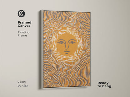 White Framed Canvas featuring an Abstract Sun Face with wavy lines. Its Mustard Yellow and Gray tones evoke a Boho Minimalist vibe. Ready to hang this celestial piece adds charm to any bedroom.  It is a unique Boho Wall Decor.