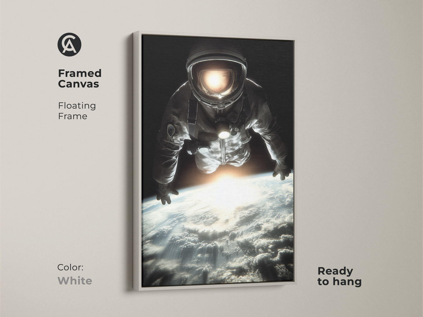 Framed canvas art with a white floating frame showcasing an astronaut in space. This space exploration print features a cinematic view of Earth. Ready to hang. The photorealistic astronaut art adds a modern touch. The black blue white colors complement any contemporary home decor.
