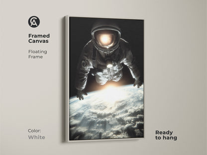 Framed canvas art with a white floating frame showcasing an astronaut in space. This space exploration print features a cinematic view of Earth. Ready to hang. The photorealistic astronaut art adds a modern touch. The black blue white colors complement any contemporary home decor.