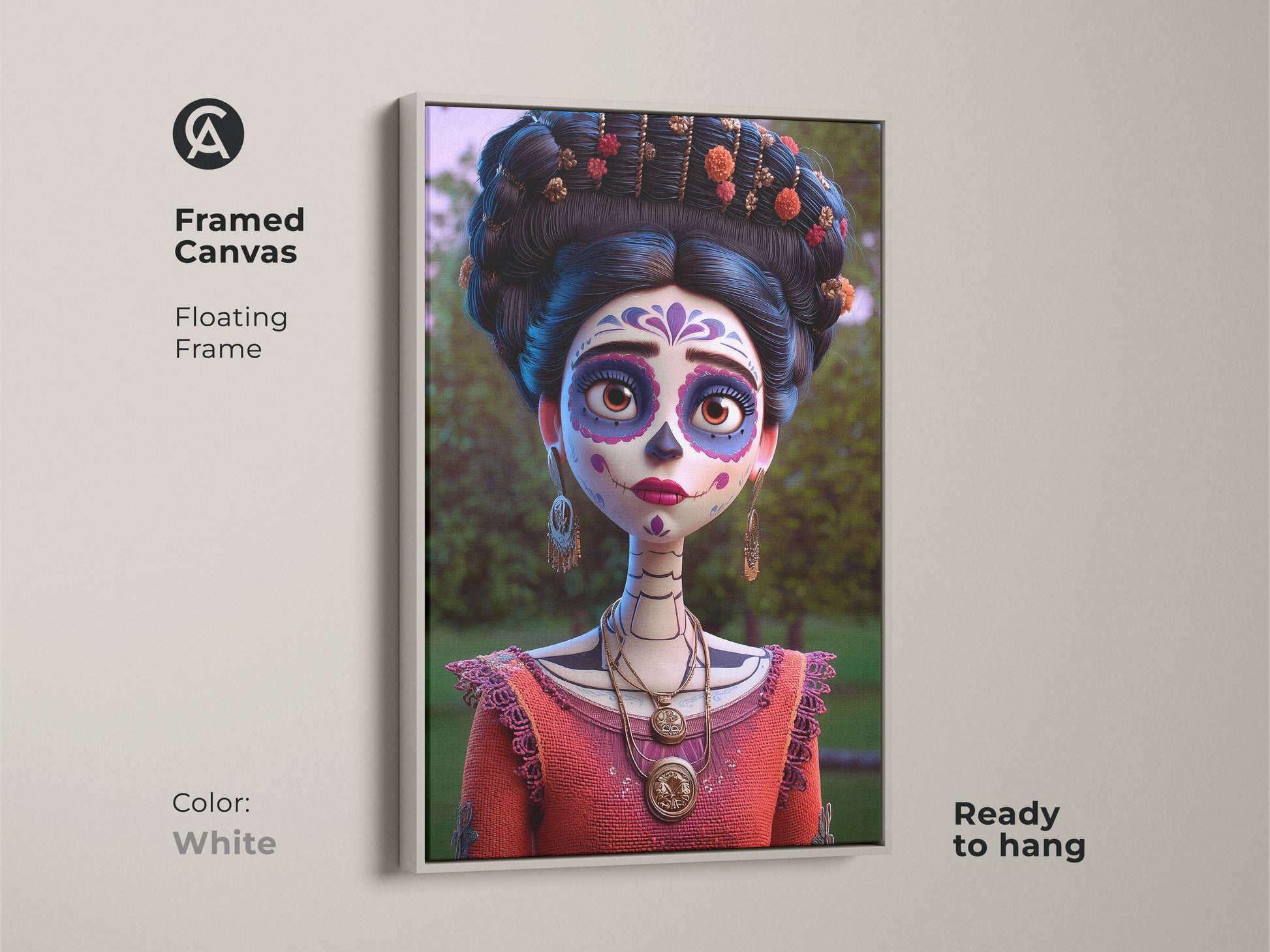 White framed canvas of Mexican Sugar Skull art print. Day of the Dead art with vibrant coral orange purple tones. This cultural portrait in a white frame is ready to hang. Add a unique touch to your living space with this wall art.