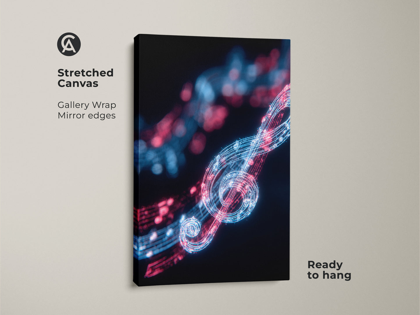 Stretched canvas of abstract music notes. The neon treble clef artwork uses electric blue and red lights. It's a modern piece ready to hang as home office wall decor or a unique musician gift.