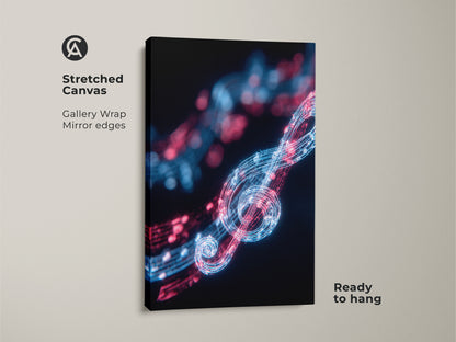 Stretched canvas of abstract music notes. The neon treble clef artwork uses electric blue and red lights. It's a modern piece ready to hang as home office wall decor or a unique musician gift.