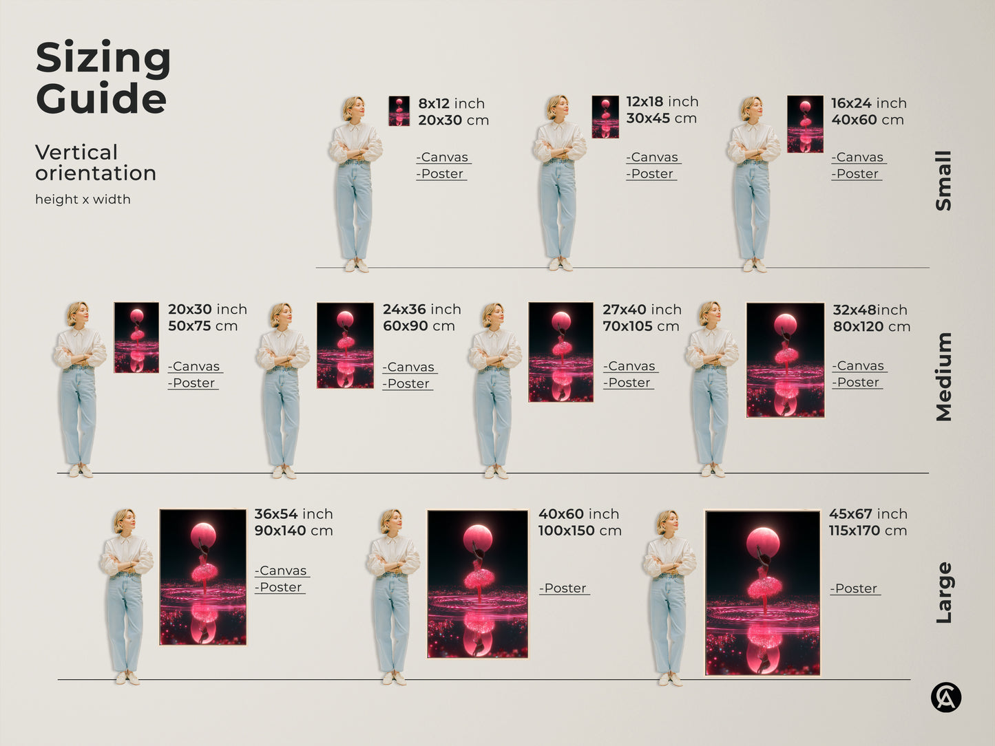 Sizing guide for the cosmic ballerina art print in vertical orientation. Available as canvas or poster in sizes from 8x12 to 45x67 inches. Perfect for contemporary bedroom decor or a unique dance studio art with hot pink and dark blue fantasy artwork.