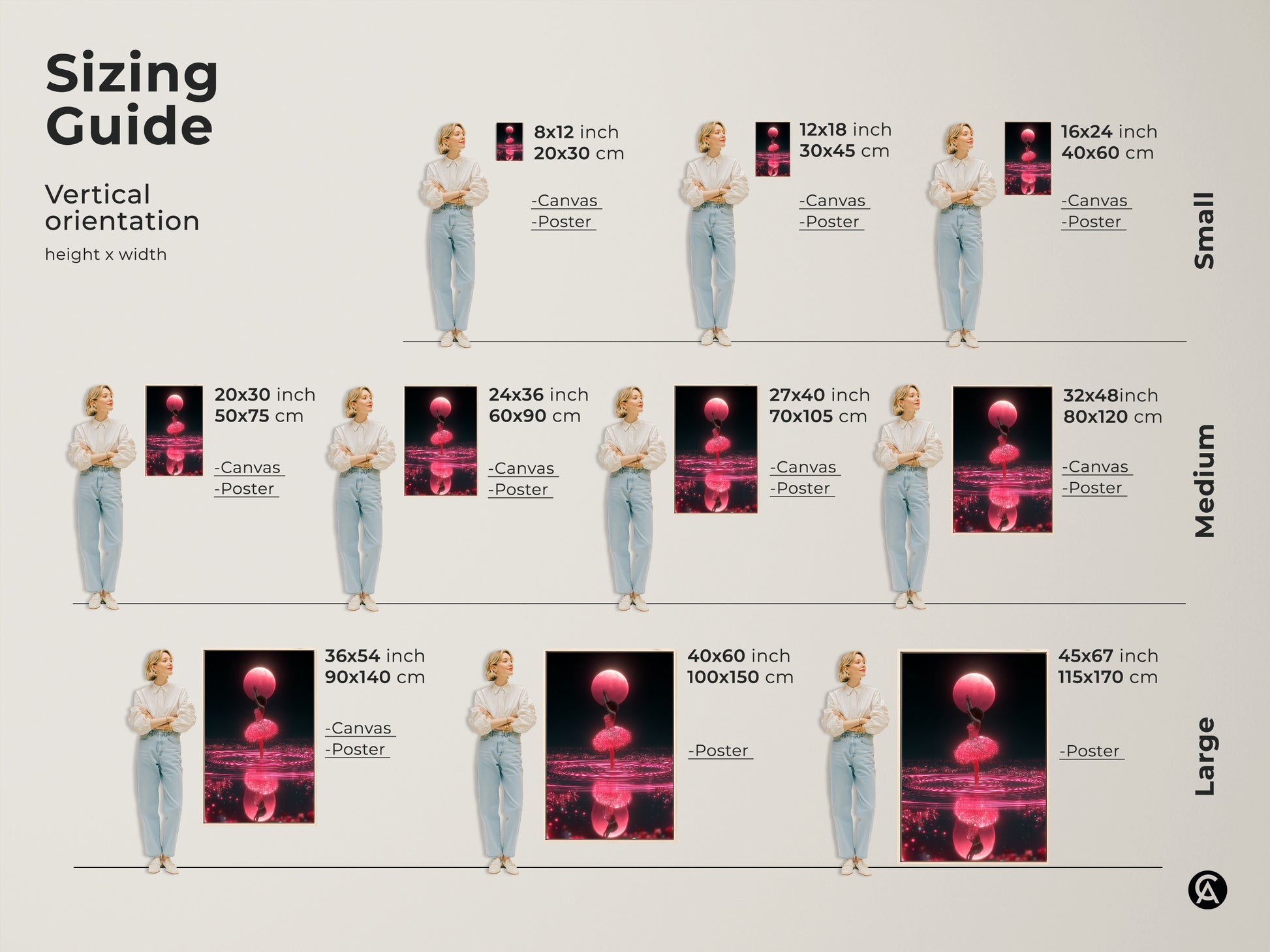 Sizing guide for the cosmic ballerina art print in vertical orientation. Available as canvas or poster in sizes from 8x12 to 45x67 inches. Perfect for contemporary bedroom decor or a unique dance studio art with hot pink and dark blue fantasy artwork.
