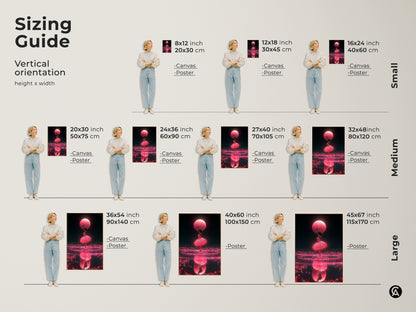 Sizing guide for the cosmic ballerina art print in vertical orientation. Available as canvas or poster in sizes from 8x12 to 45x67 inches. Perfect for contemporary bedroom decor or a unique dance studio art with hot pink and dark blue fantasy artwork.