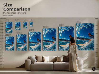 Compare sizes of this captivating surfer artwork. Visualize how different dimensions fit your space. The artwork shows a surfer riding a wave. Choose the ideal size to make a statement in your home or office. Perfect for surf art enthusiasts.