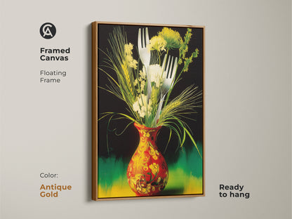 An antique gold framed canvas showcases surreal floral art. This features a botanical kitchen art print. The red yellow green artwork is a unique wall hanging. It enhances dining area decor or as a chef gift.