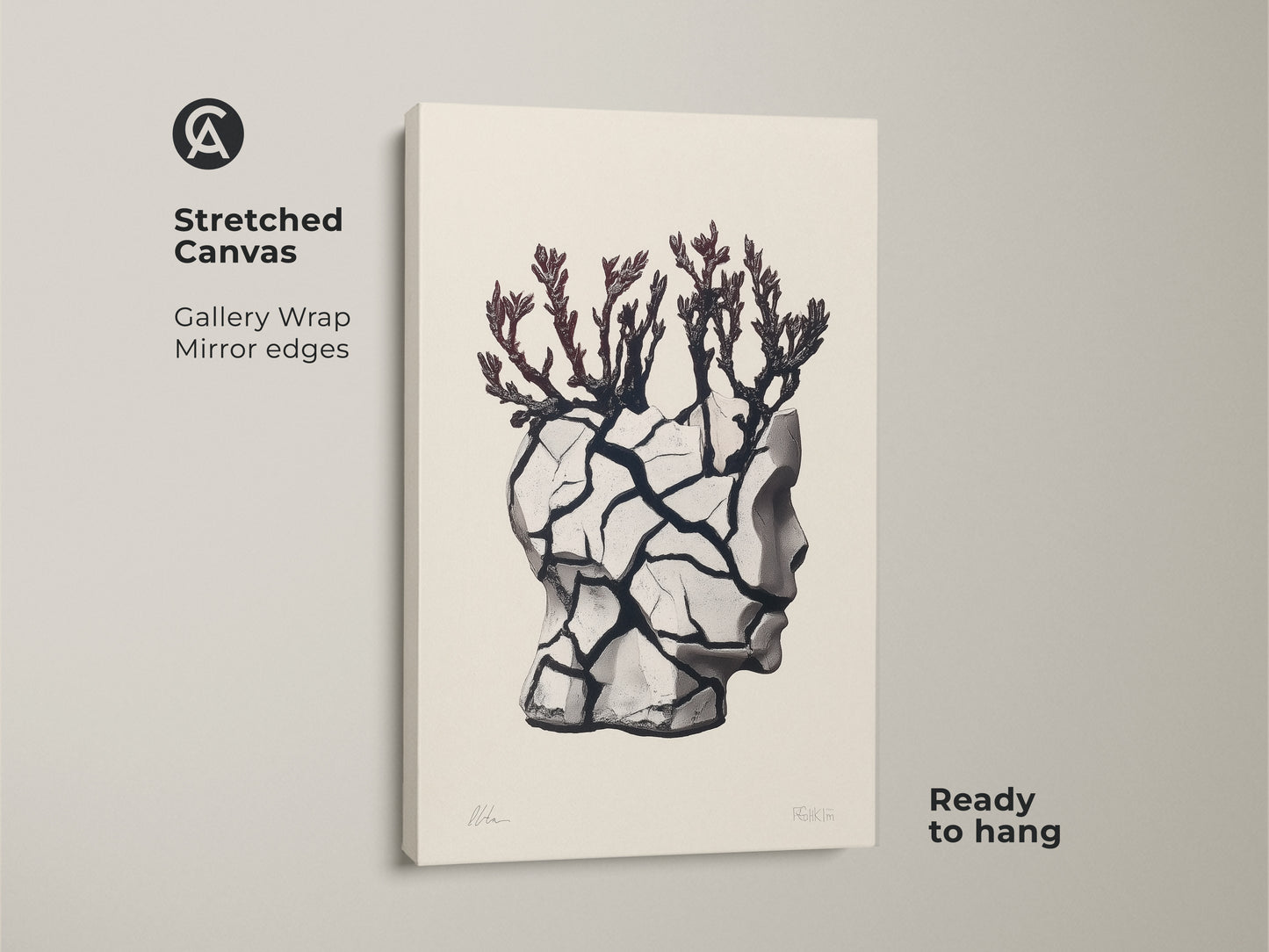 Stretched canvas art showcasing a surreal head sculpture with a branch. This conceptual figurative artwork features an eclectic beige black and gray palette. Ready to hang with gallery wrapped mirrored edges. It is a unique piece for modern home office or bedroom wall decor. Perfect as a unique gift.