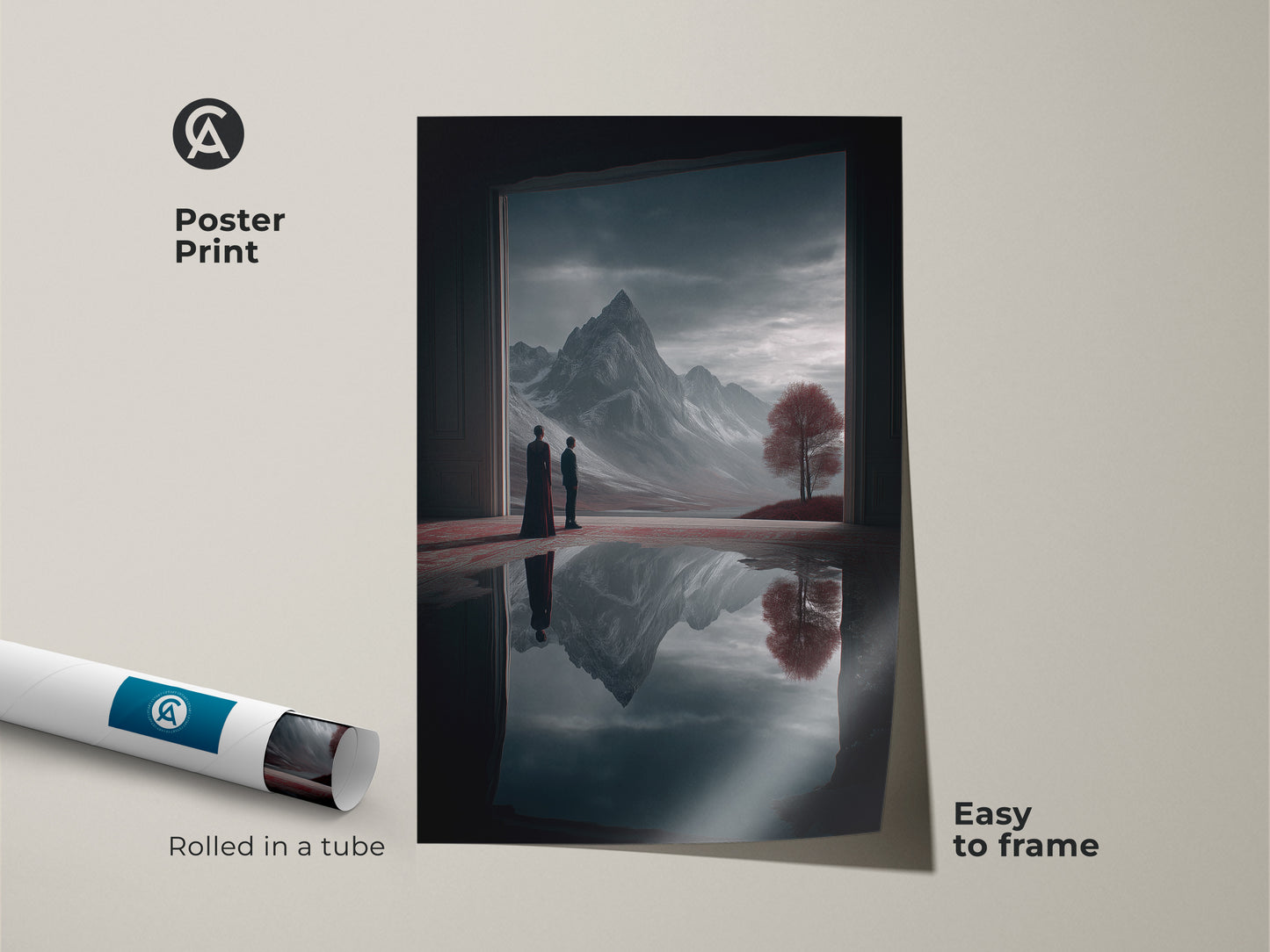 Poster print showcasing surreal mountain art. Featuring dreamlike figures and a crimson tree this fantasy landscape is easy to frame. Rolled in a tube for protection the deep blue art complements study or office wall decor.