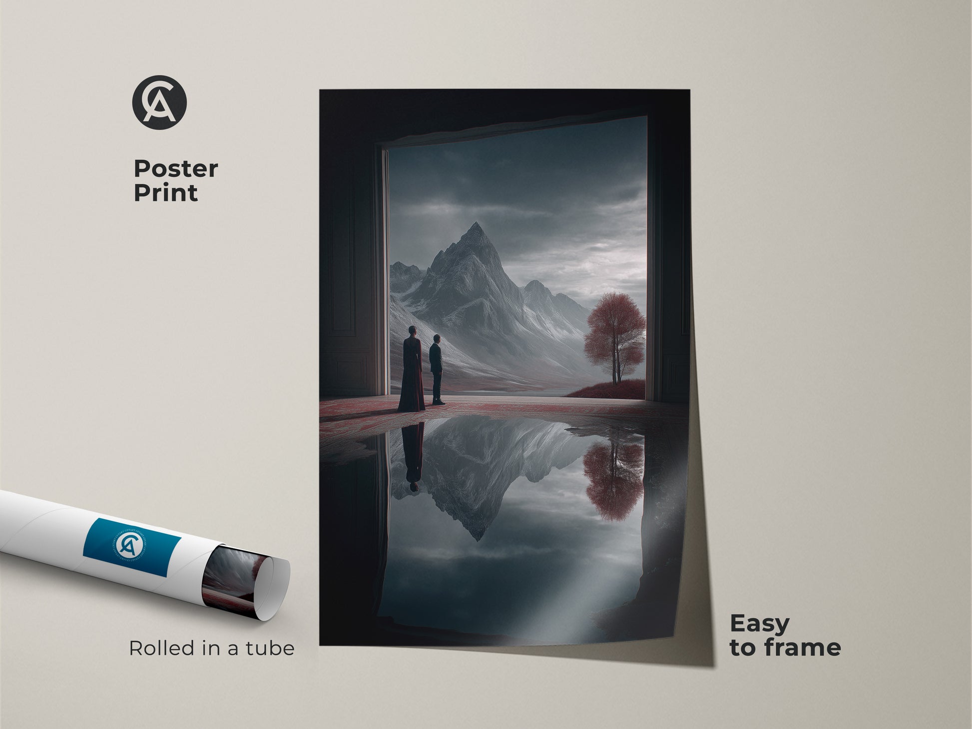 Poster print showcasing surreal mountain art. Featuring dreamlike figures and a crimson tree this fantasy landscape is easy to frame. Rolled in a tube for protection the deep blue art complements study or office wall decor.