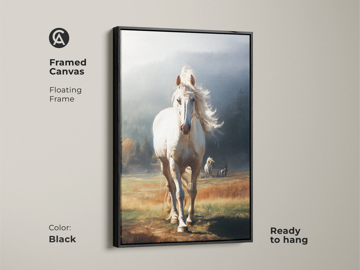 Black framed canvas of a white horse. This floating frame art is ready to hang. The golden yellow landscape adds rustic charm. Perfect animal lover wall decor with misty blue accents.