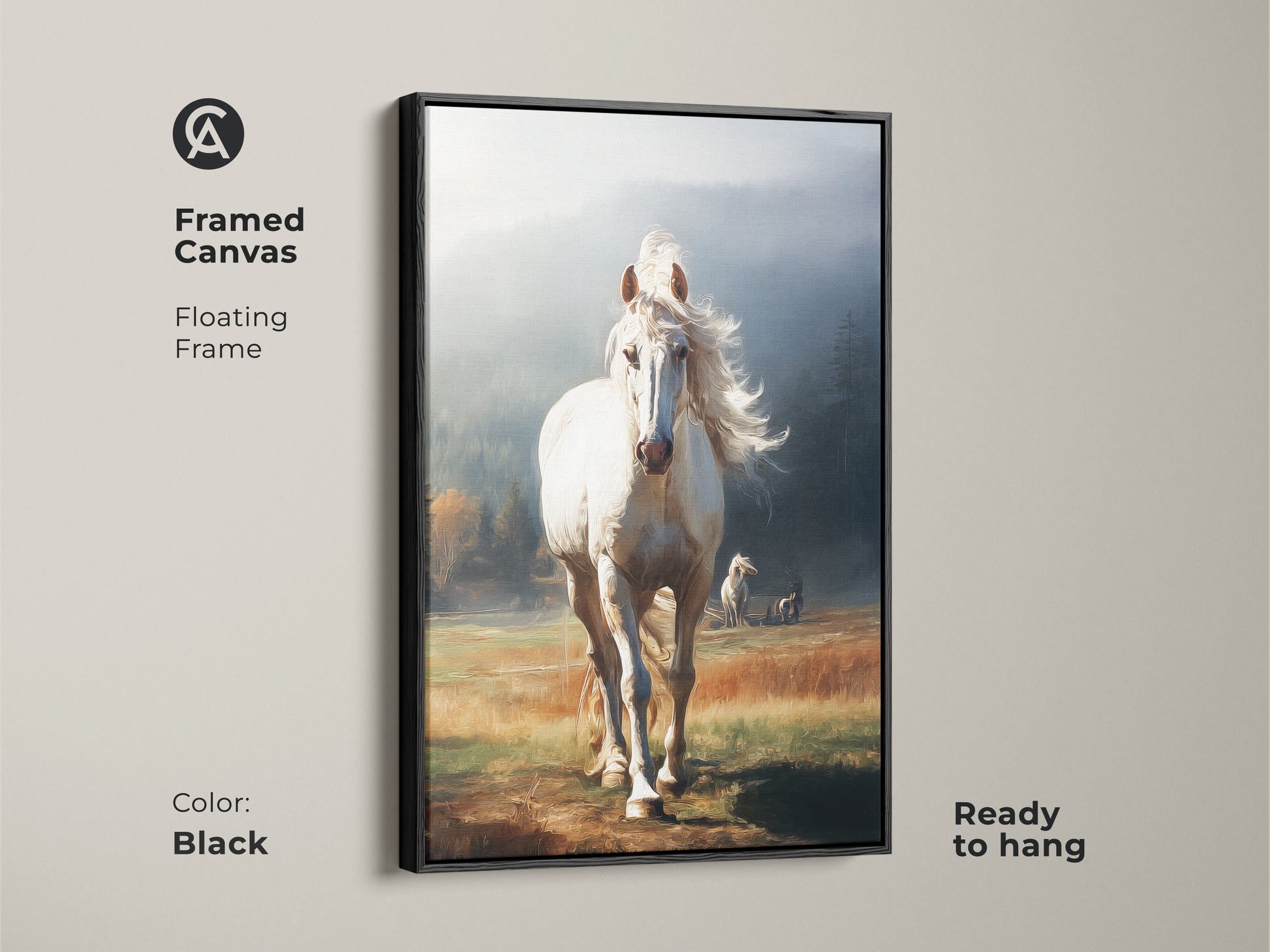 Black framed canvas of a white horse. This floating frame art is ready to hang. The golden yellow landscape adds rustic charm. Perfect animal lover wall decor with misty blue accents.