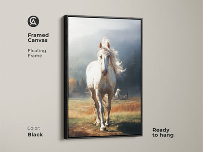 Black framed canvas of a white horse. This floating frame art is ready to hang. The golden yellow landscape adds rustic charm. Perfect animal lover wall decor with misty blue accents.
