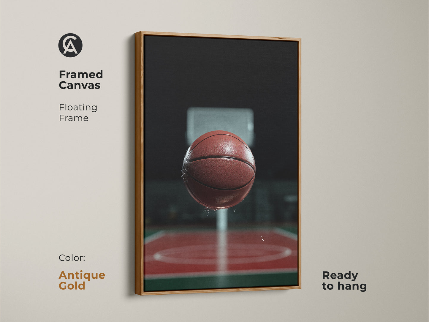 Framed canvas featuring basketball action art. This floating frame with an antique gold finish is ready to hang. The artwork brings a modern vibe to any man cave or office. It makes a great gift for basketball enthusiasts. Perfect for sports enthusiasts.