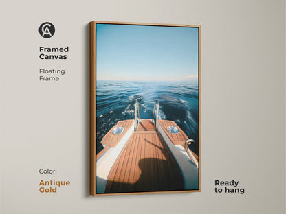 Enhance your home with this antique gold framed yacht canvas art print. The floating frame adds a touch of elegance to the deep blue seascape. Coastal home decor with nautical boat art. Ready to hang this is a perfect housewarming gift for boat owners. The modern nautical decor creates a summer vibe.