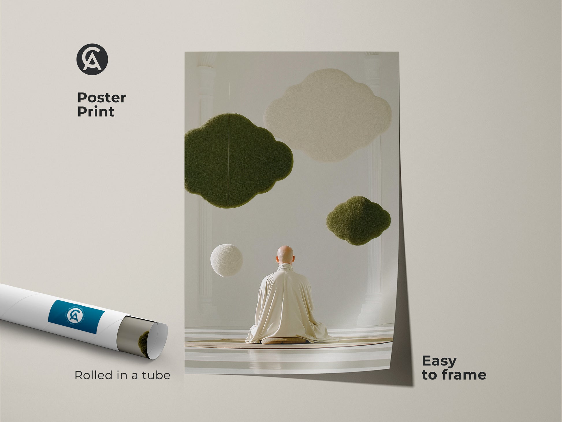This rolled poster print features a Zen monk in meditation. Above the monk are abstract olive green and cream clouds. This minimalist wall art is easy to frame. It serves as a spiritual home decor gift for a mindfulness fan.