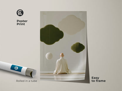 This rolled poster print features a Zen monk in meditation. Above the monk are abstract olive green and cream clouds. This minimalist wall art is easy to frame. It serves as a spiritual home decor gift for a mindfulness fan.