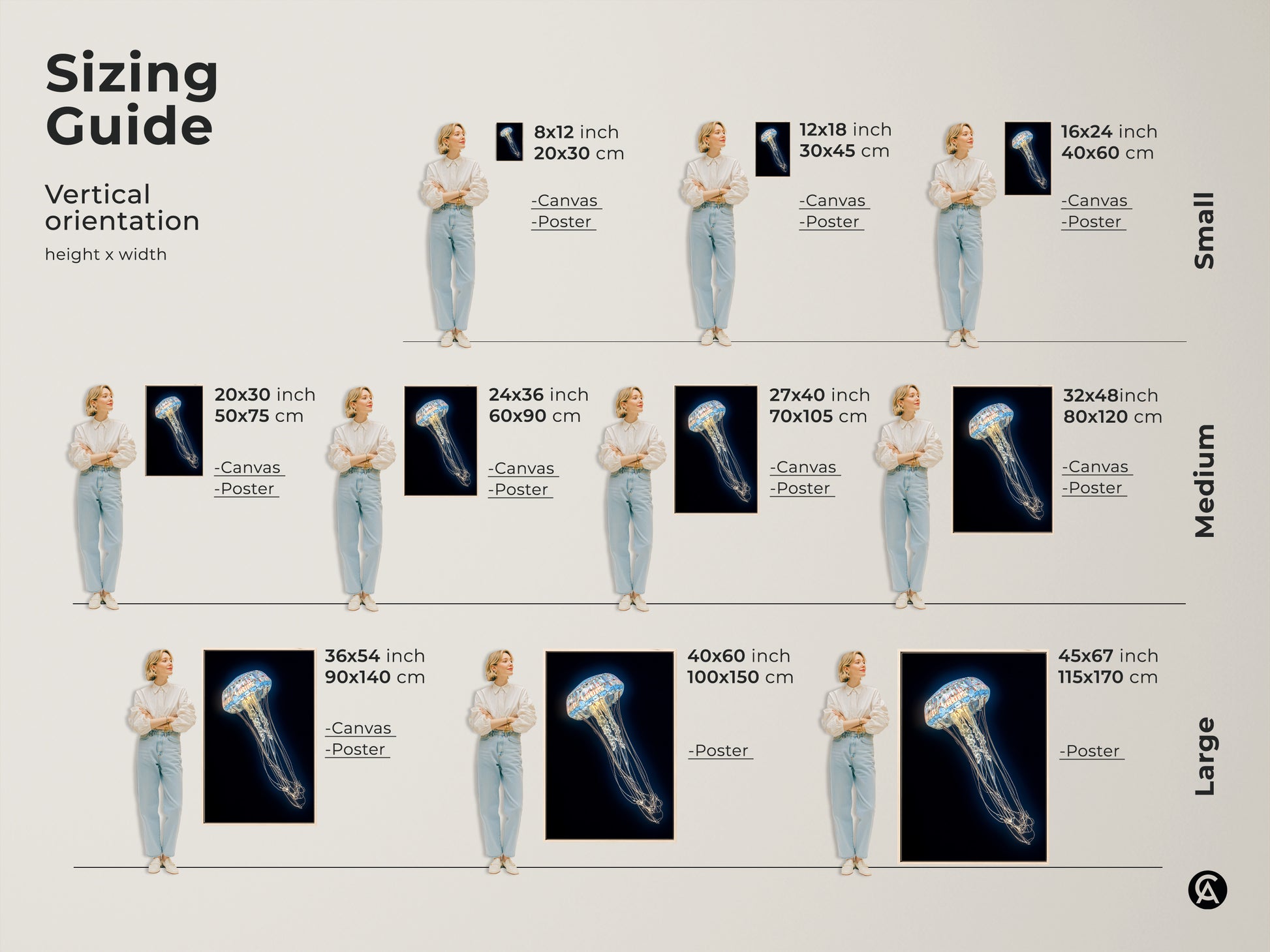 Sizing guide for Contemporary Jellyfish Canvas & Poster Prints. This abstract ocean life art is available in sizes from 8x12 inch to 45x67 inch. Choose the perfect size for your bedroom or living room wall.