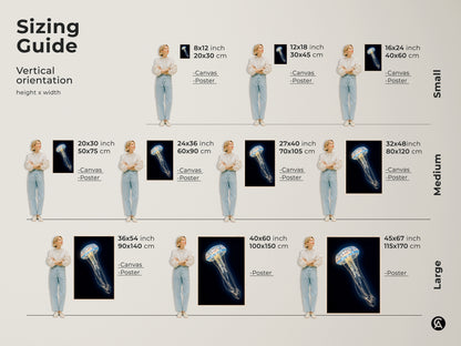 Sizing guide for Contemporary Jellyfish Canvas & Poster Prints. This abstract ocean life art is available in sizes from 8x12 inch to 45x67 inch. Choose the perfect size for your bedroom or living room wall.