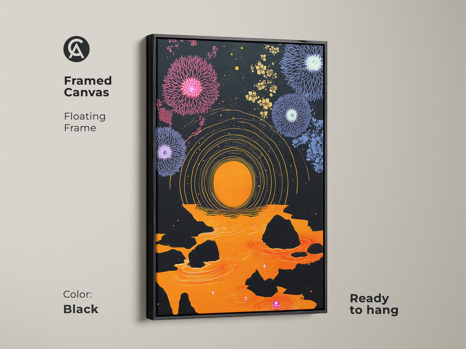 Black framed canvas of Abstract geometric wall art ready to hang. The purple orange canvas print shows dandelion fireworks art for eclectic bedroom decor. Display this modern folk art print in your living room or office for vibrant wall art.