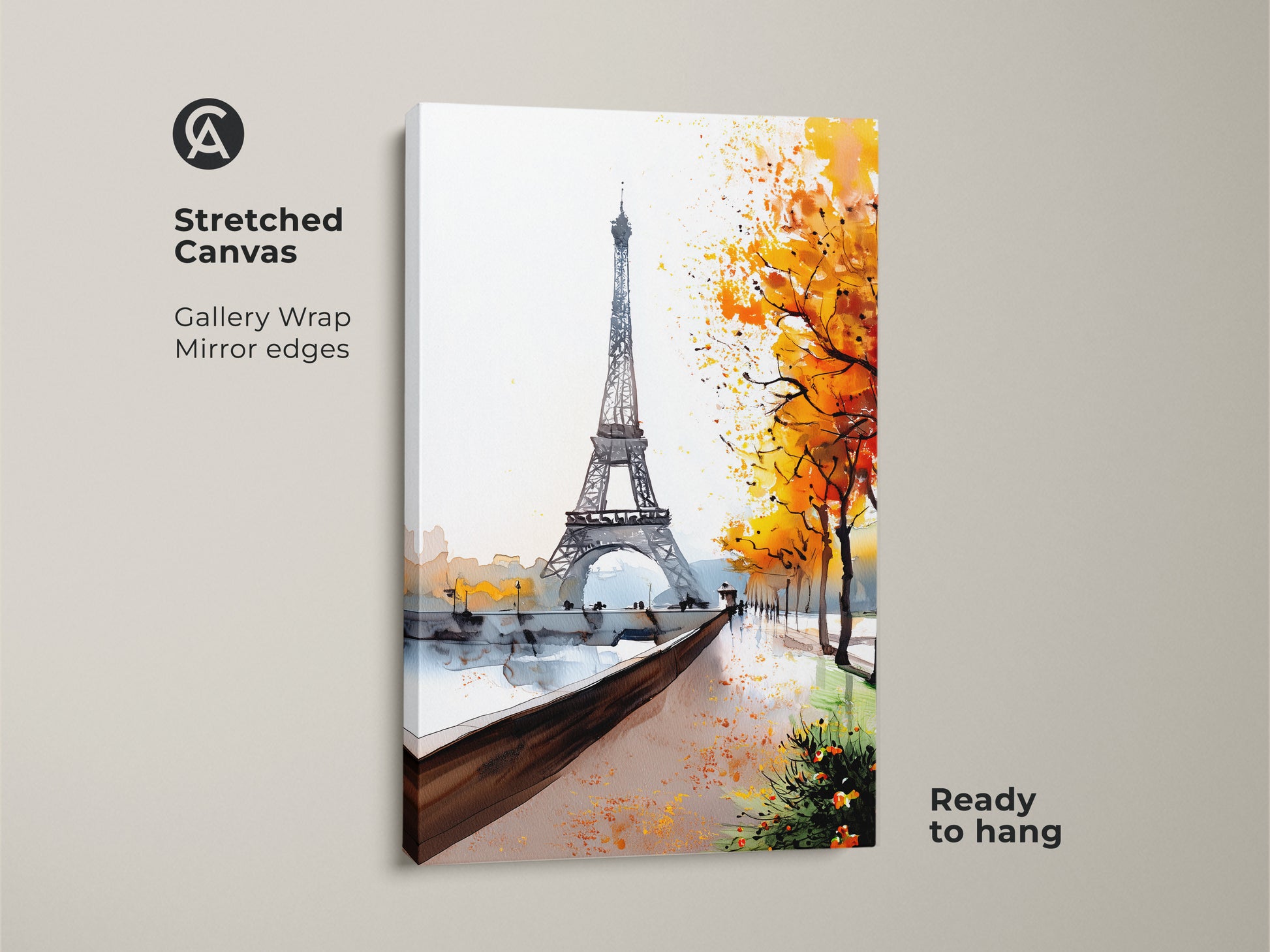Stretched Canvas Gallery Wrap of Eiffel Tower art print. The watercolor landscape wall art captures autumn trees in a canvas print. This French cityscape artwork is ready to hang. A perfect anniversary gift for a couple.