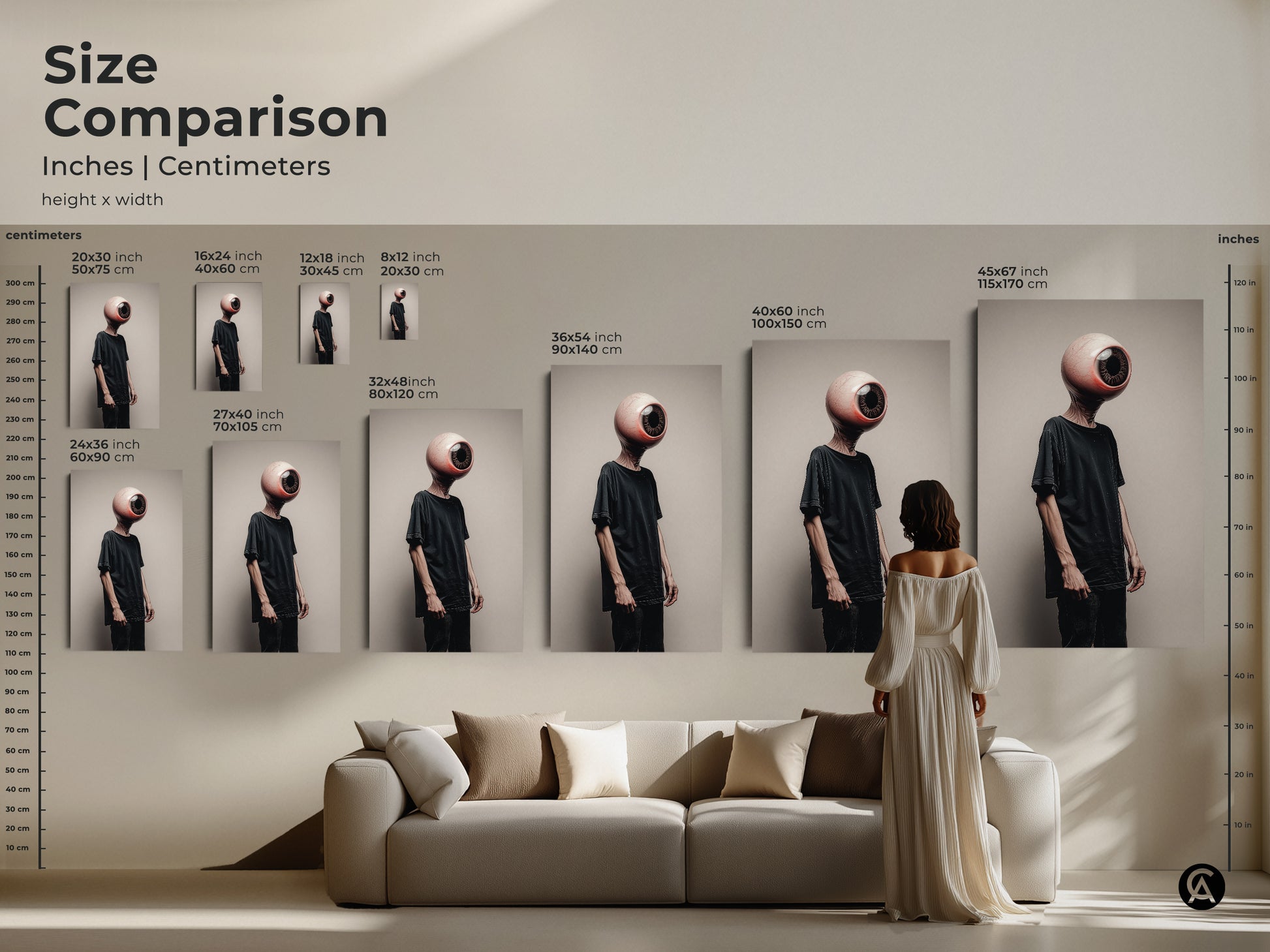Compare sizes. See how the surreal eyeball head wall art transforms any space. From 16x24 inch prints to 45x67 inch canvases this conceptual figure art enriches your home. The dark aesthetic artwork adds eclectic charm as brown beige figure decor.