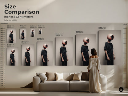 Compare sizes. See how the surreal eyeball head wall art transforms any space. From 16x24 inch prints to 45x67 inch canvases this conceptual figure art enriches your home. The dark aesthetic artwork adds eclectic charm as brown beige figure decor.