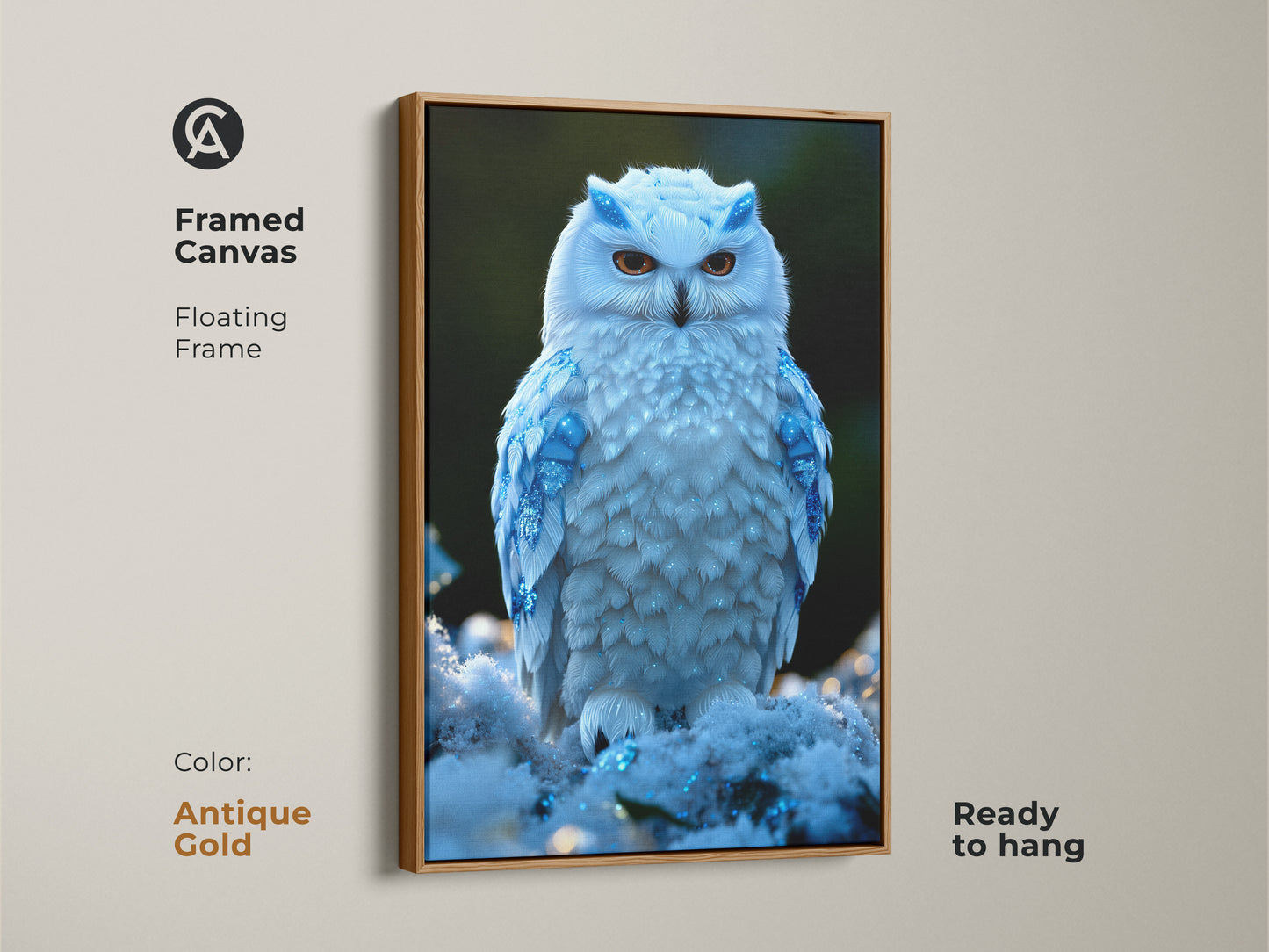 A framed canvas shows the majestic Snowy Owl adorned with sparkling blue accents. The floating frame has an antique gold finish. It is ready to hang as a unique bird art for an animal lover's space.