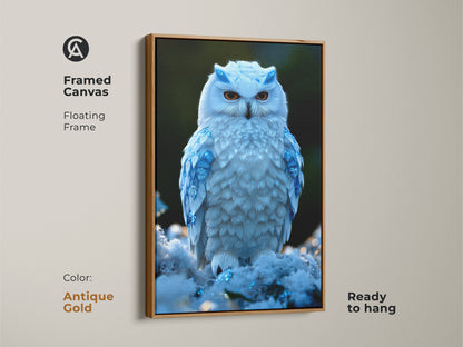 A framed canvas shows the majestic Snowy Owl adorned with sparkling blue accents. The floating frame has an antique gold finish. It is ready to hang as a unique bird art for an animal lover's space.