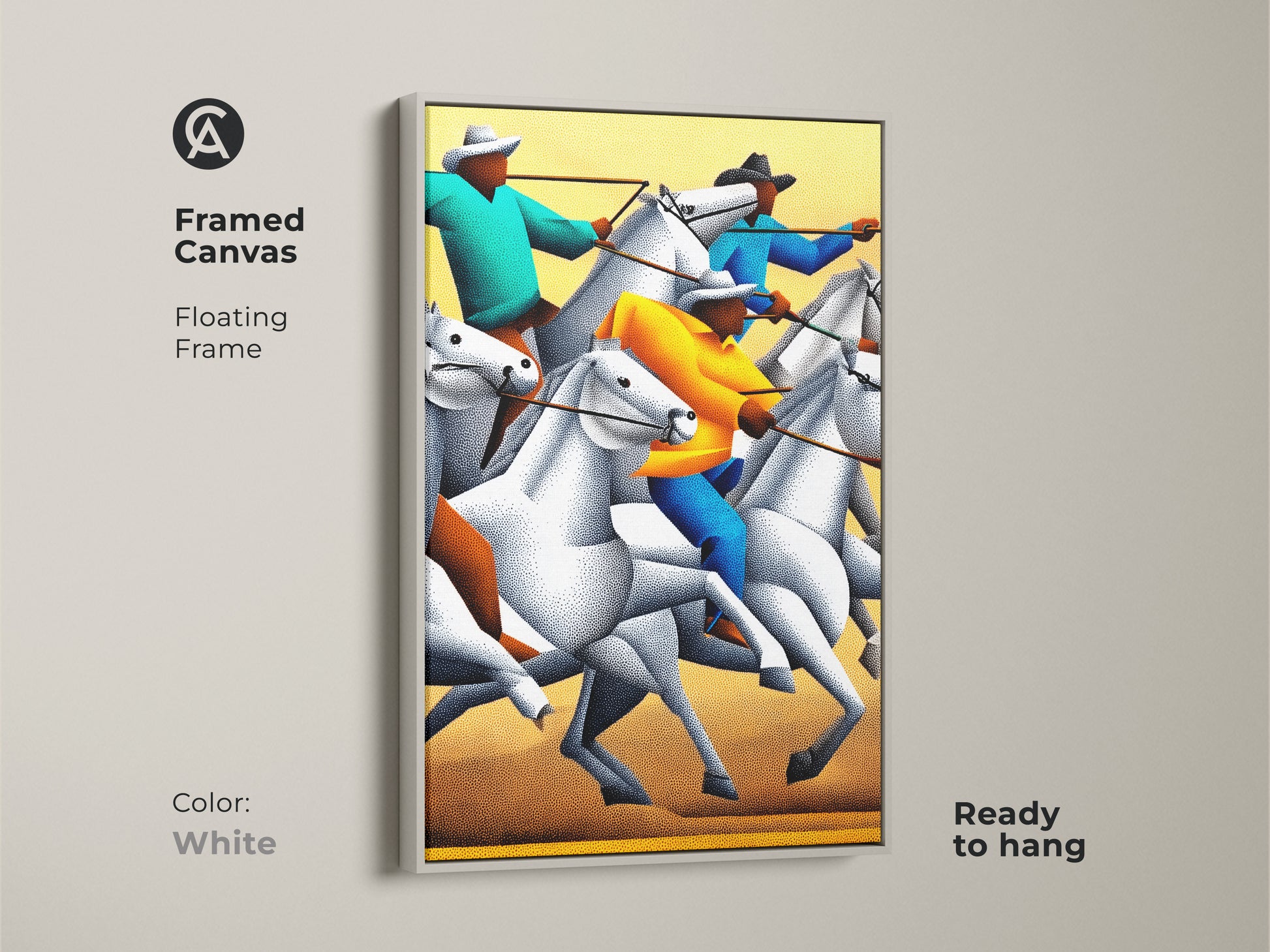 A framed canvas of stippled figurative western horse rider artwork. The floating frame is white and ready to hang. This animal action canvas artwork makes for great western ranch decor or modern wall decor. The yellow teal orange art print is a unique gift idea.